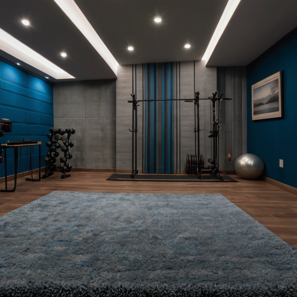 A soundproof gym featuring acoustic panels and a thick rug, creating a tranquil atmosphere. Soft recessed lighting enhances the peaceful space.