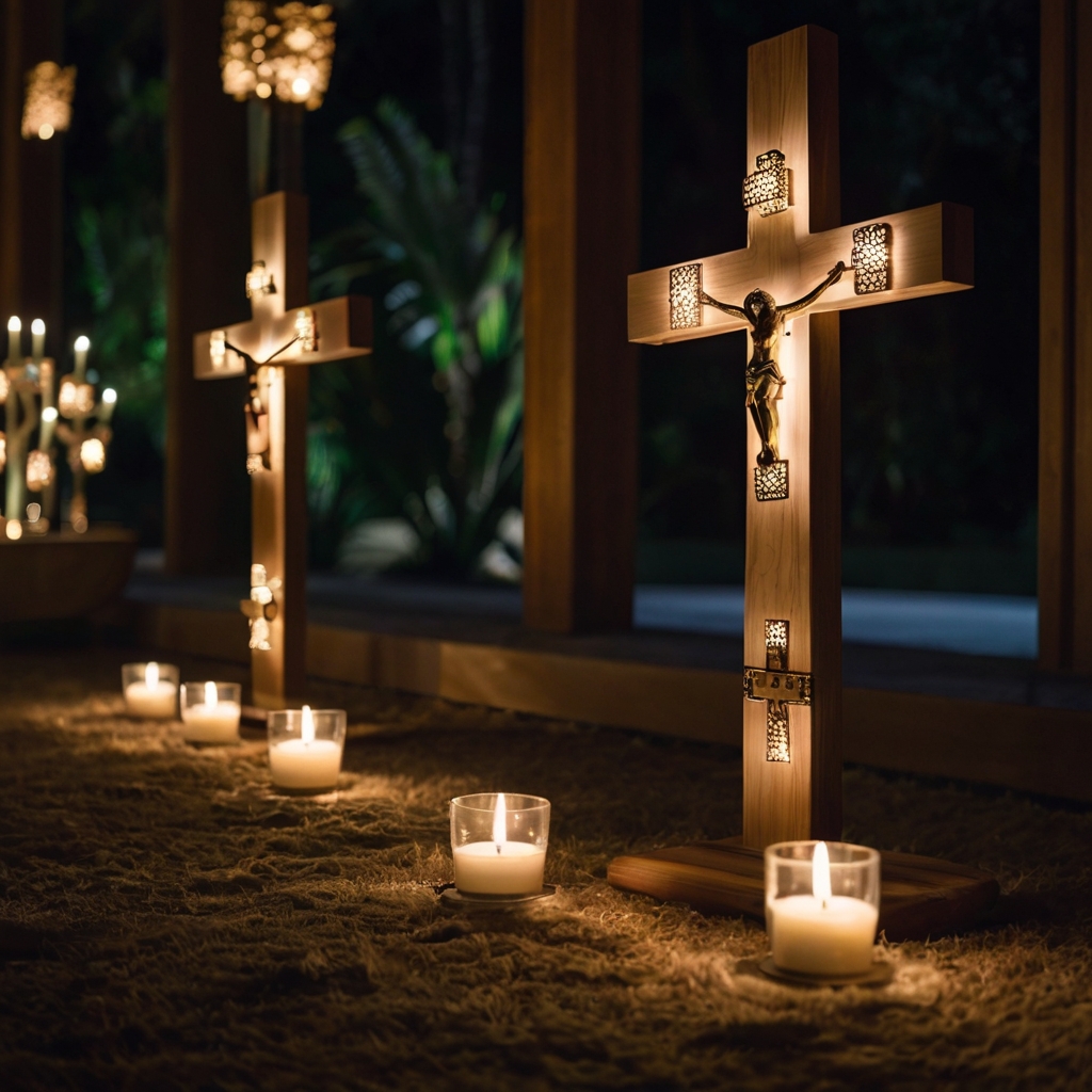 Sacred symbols, gently lit by focused light, create a peaceful spiritual atmosphere. The soft glow adds comfort to the memorial service.