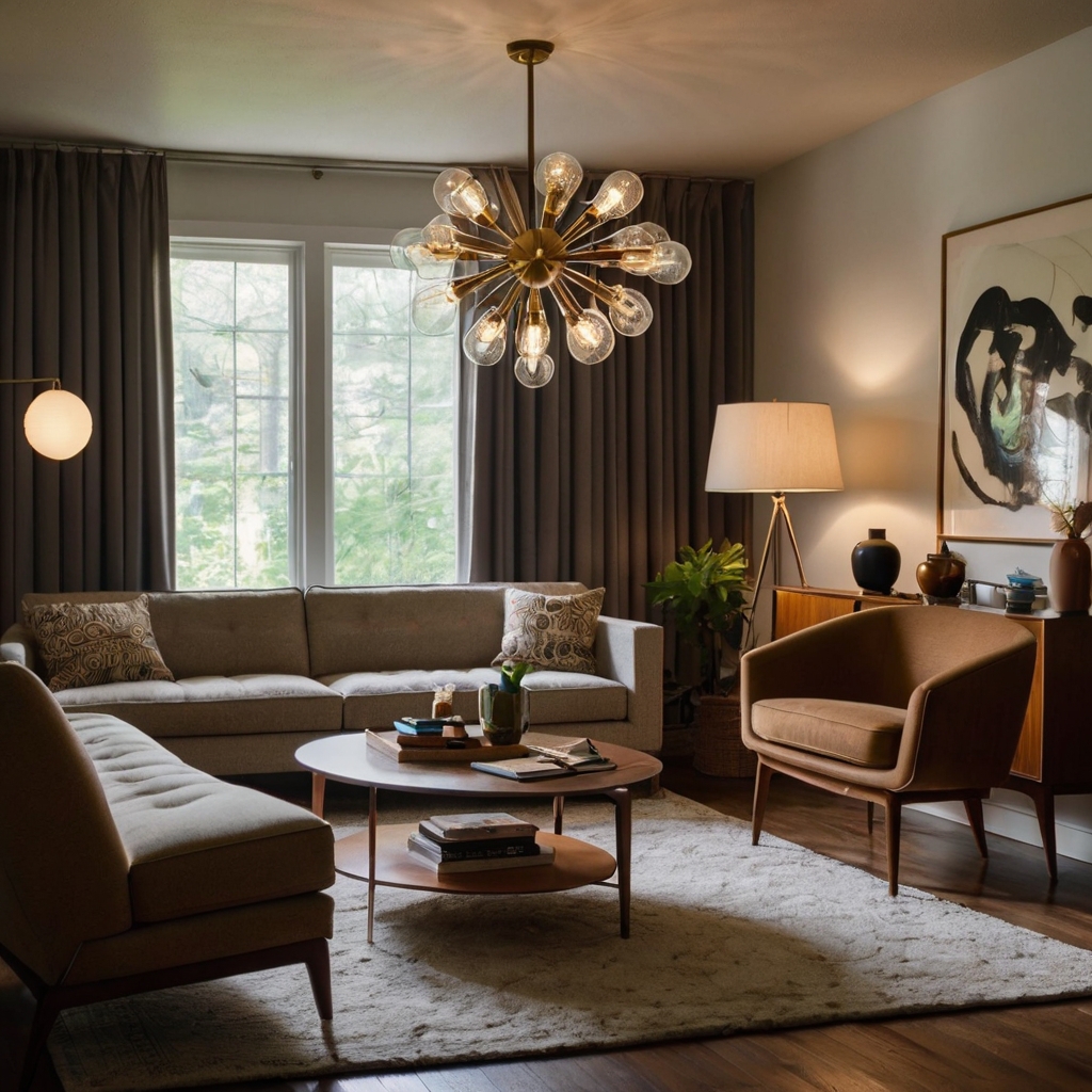 Mid-century modern room with a Sputnik chandelier and an arc floor lamp, creating a cozy atmosphere.