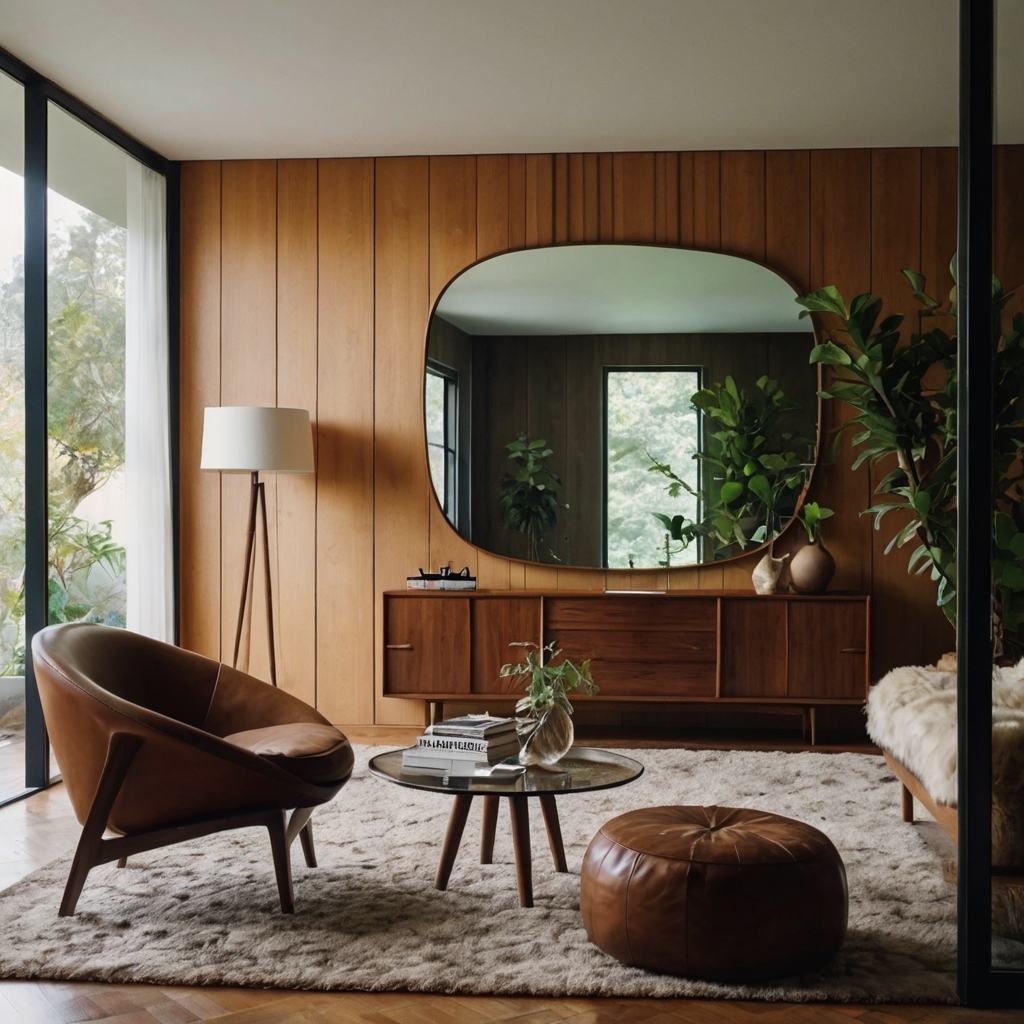 Mid-century modern room with an oversized mirror, reflecting light and complementing minimalistic furniture.