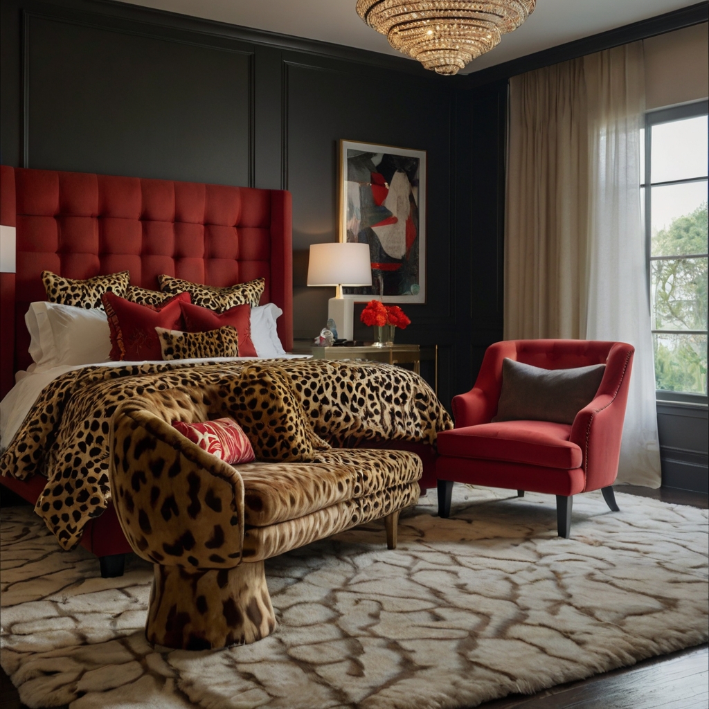 Bold statement pieces like cheetah armchairs and red upholstered headboards define the room's dynamic style. Focused lighting emphasizes the contrasts.