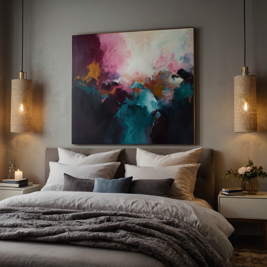 Bold abstract art adds depth and personality to your bedroom. Soft lighting highlights the artwork, creating an emotional focal point.