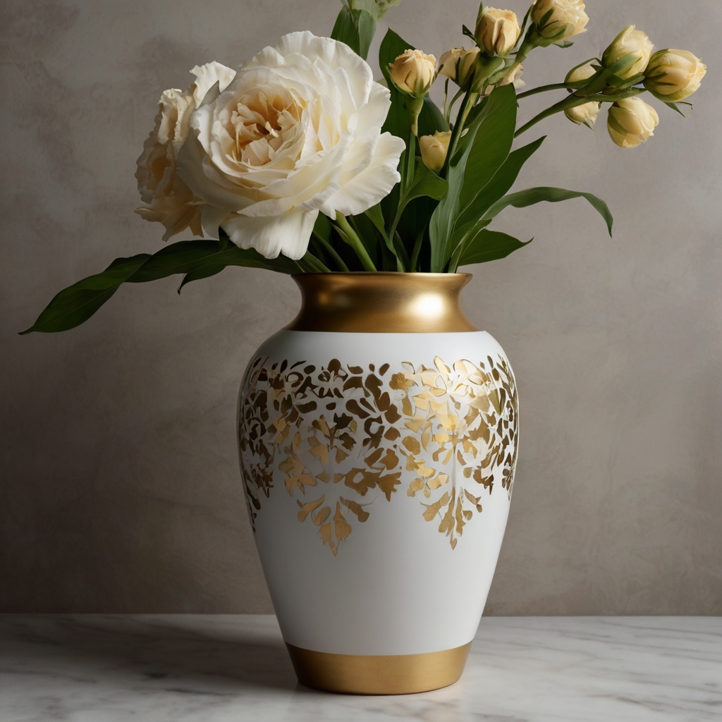 Elegant floral stencil designs in gold and white bring timeless beauty. Soft lighting enhances delicate details without harsh shadows.