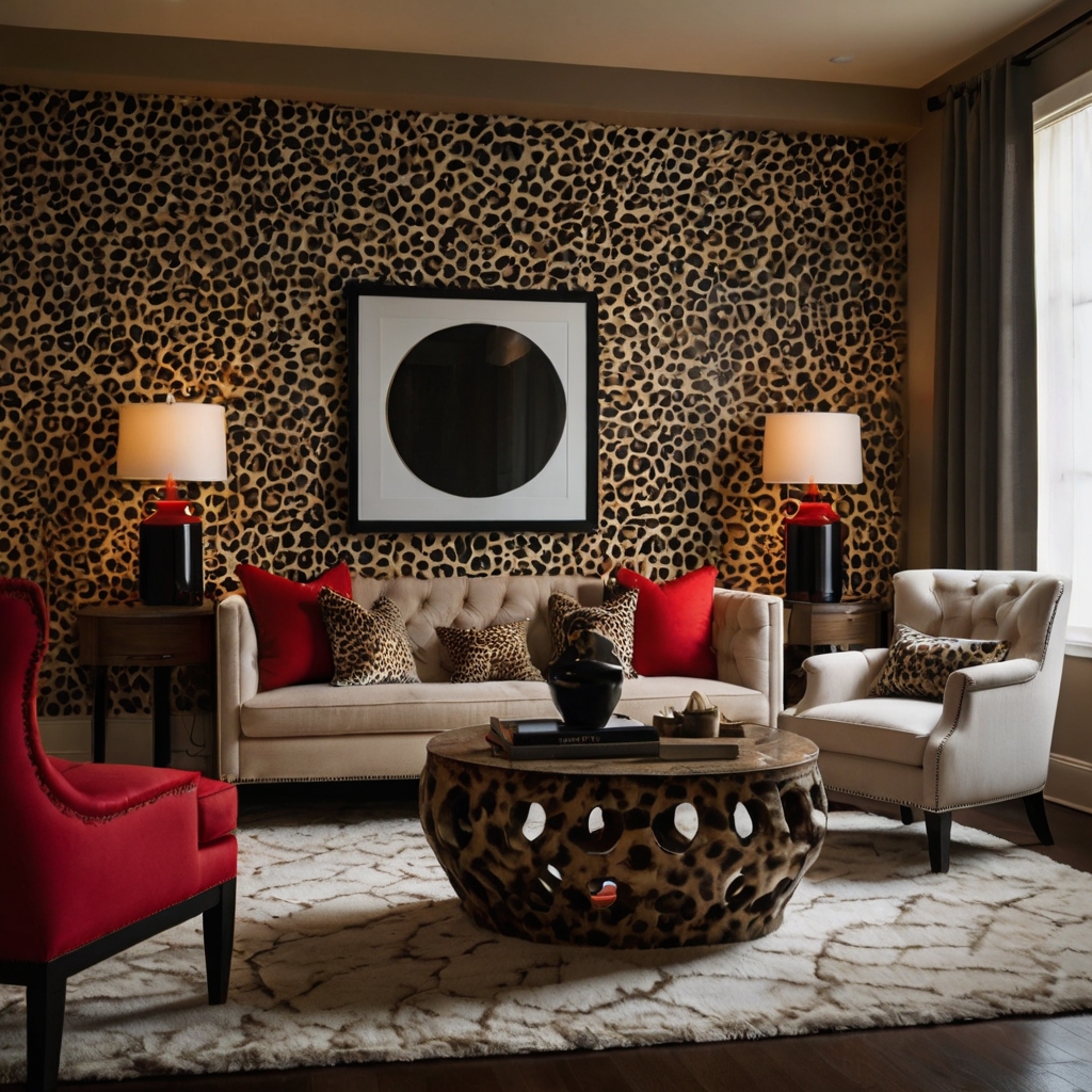 Cheetah print accent walls paired with red accessories create a stylish contrast. Soft lighting adds a dramatic yet inviting atmosphere.