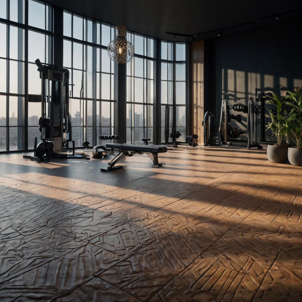 A modern gym with sleek, patterned rubber mats and bright overhead lights. The flooring enhances both function and style.