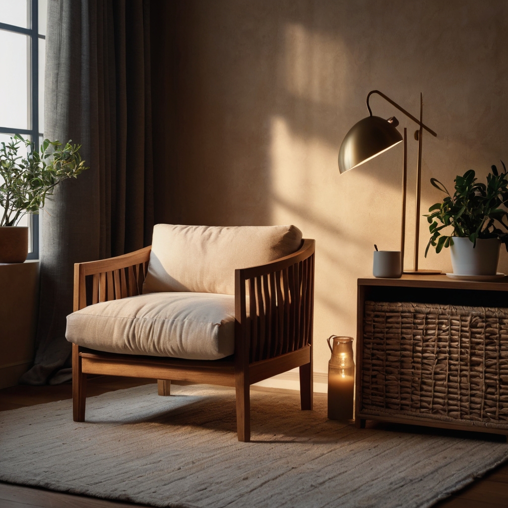 A stylish, comfortable chair with soft cushions and armrests, illuminated by warm lighting. The cozy, minimalist reading corner creates a calm, inviting atmosphere.