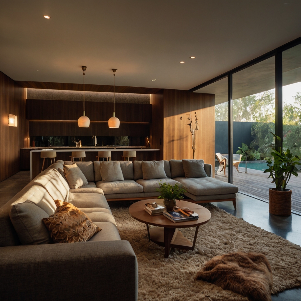 Mid-century modern living room with a cozy sunken seating area, comfortable furniture, and warm lighting.