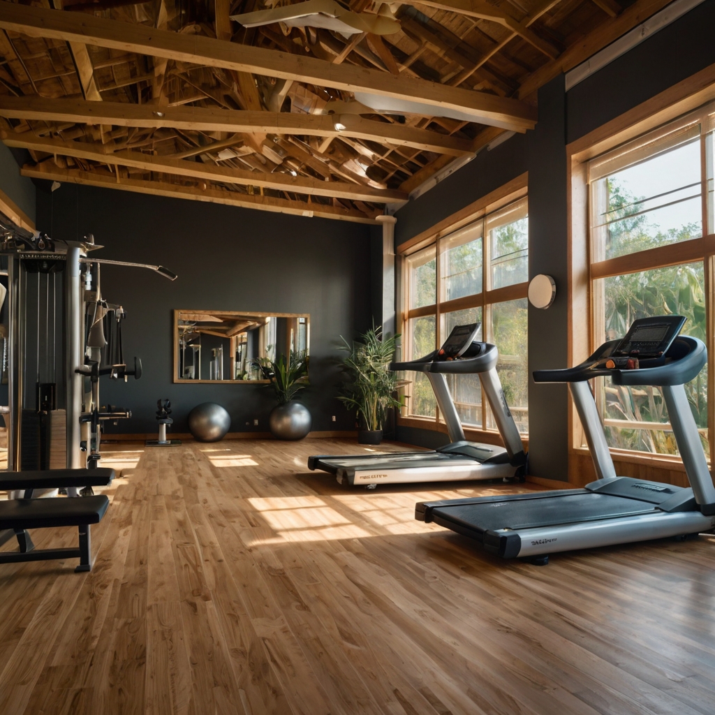 A gym designed with eco-friendly materials like bamboo flooring and energy-efficient equipment. Soft, warm lighting complements the sustainable vibe.