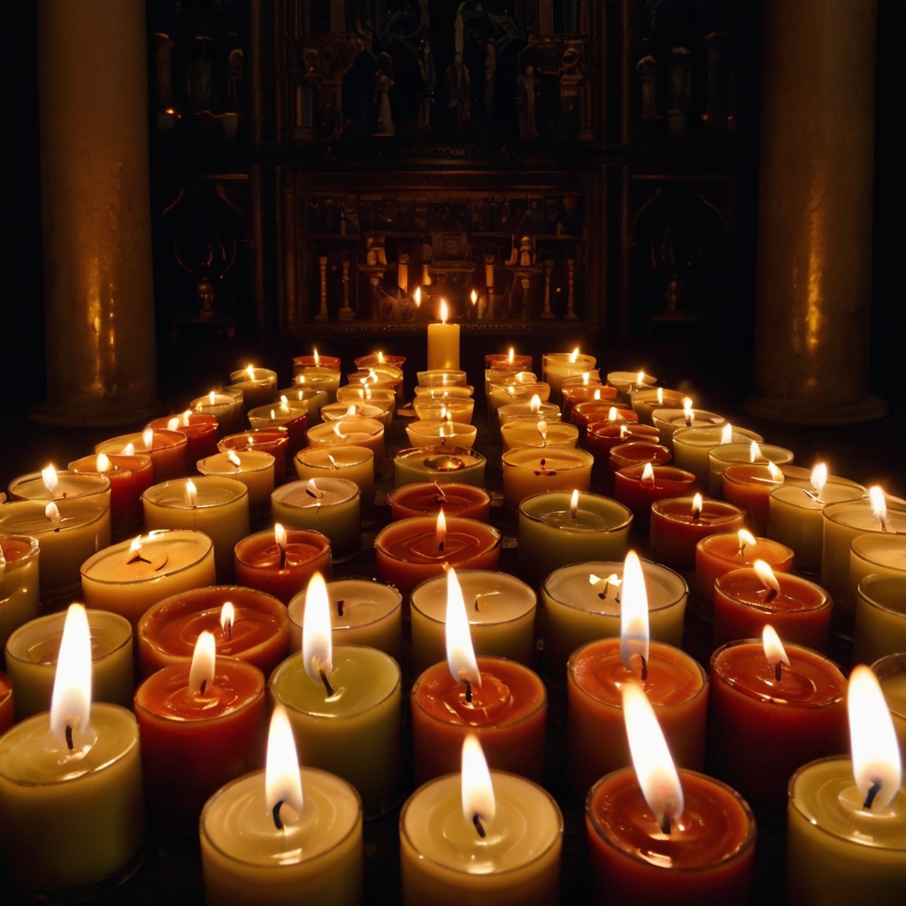 Candles, each with personal meaning, glow softly on the altar. Their gentle flames create a peaceful, spiritual atmosphere.