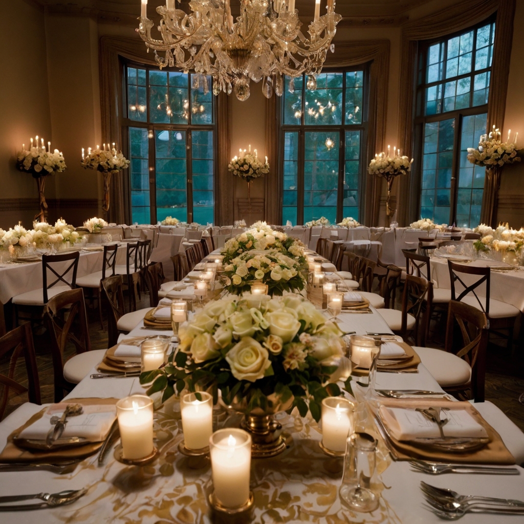 Custom table settings with floral centerpieces are highlighted by soft golden light. The thoughtful details create a respectful atmosphere.