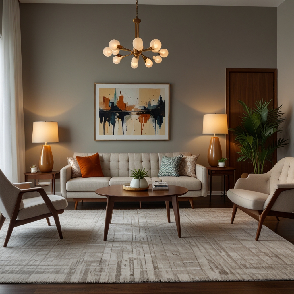 Mid-century modern room with furniture featuring tapered legs, neutral tones, and soft natural light.