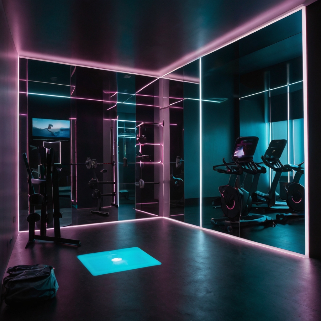 A futuristic gym featuring high-tech gadgets like smart mirrors and fitness trackers. LED lighting adds a modern, cool vibe.