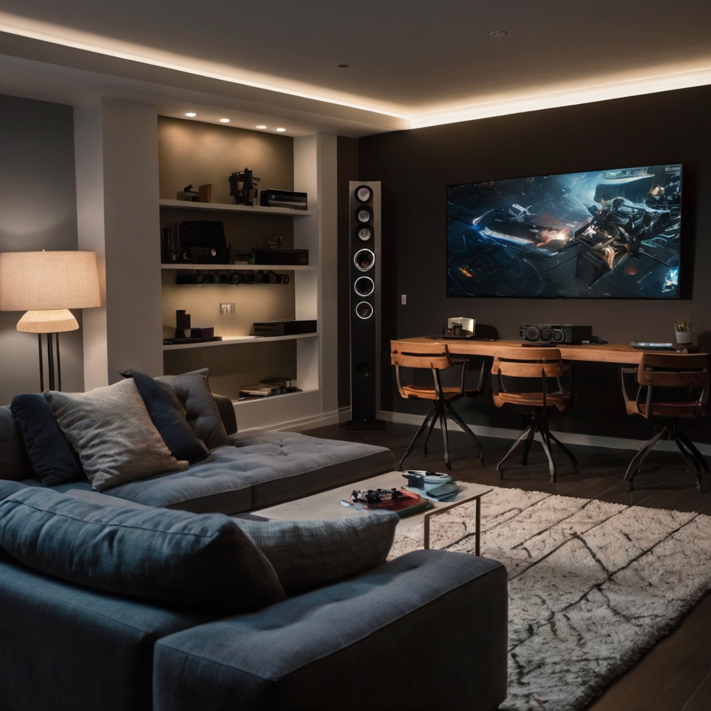 Optimize tech in small game rooms with wireless solutions and bright lighting for a sleek, modern feel.