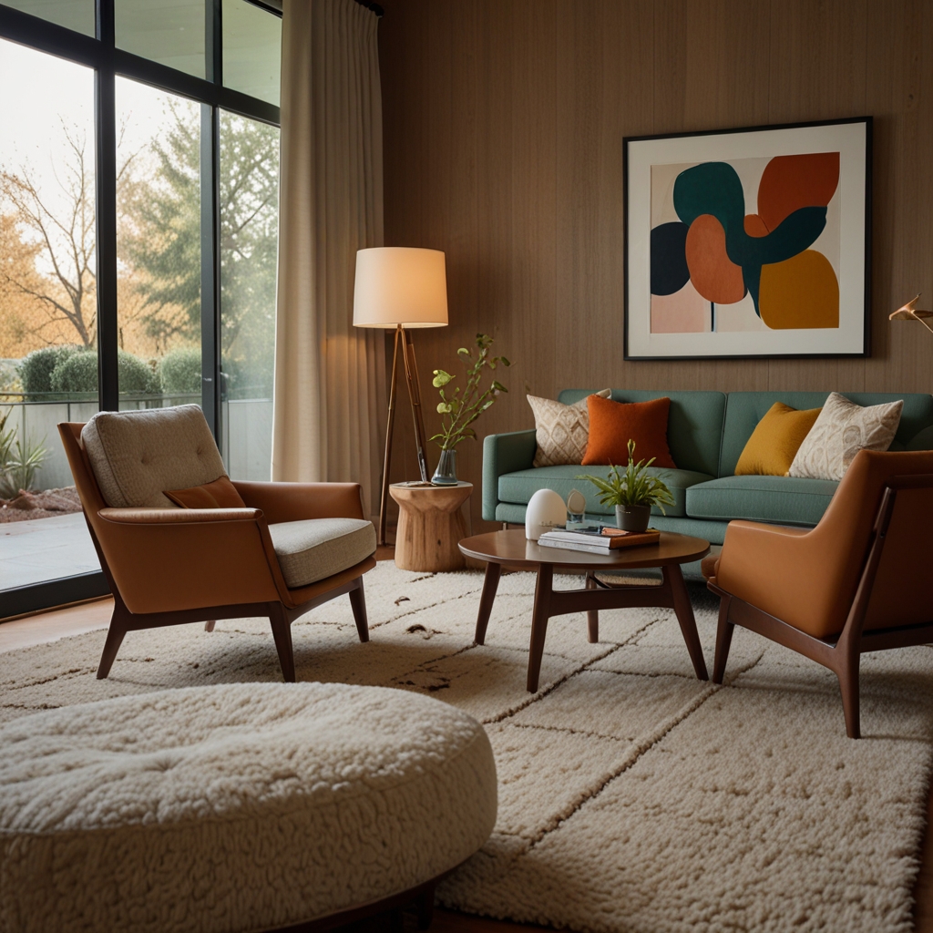 Mid-century modern room with furniture upholstered in textured fabrics, highlighted by warm ambient lighting.