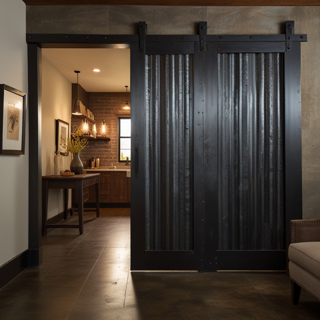 Barn doors with corrugated or embossed metal for an industrial look. Bright lighting highlights the bold, textured design.