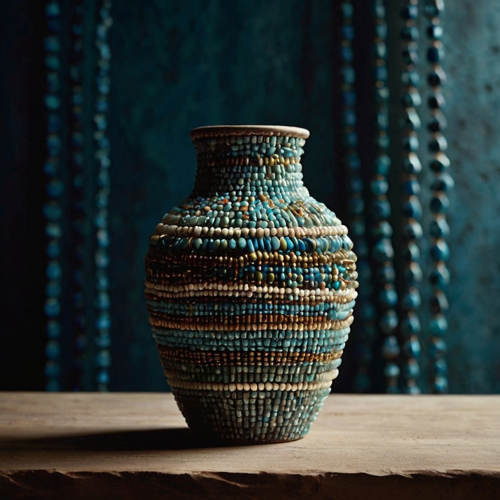 Close-up of a vase textured with beads, showcasing 3D detailing and angled lighting to highlight depth and dynamic shadows.