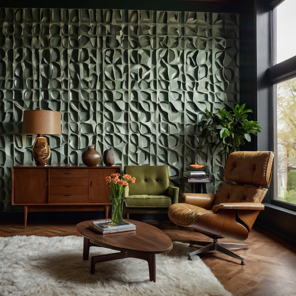 Mid-century modern room with a textured accent wall, adding depth and contrasting smooth surfaces.