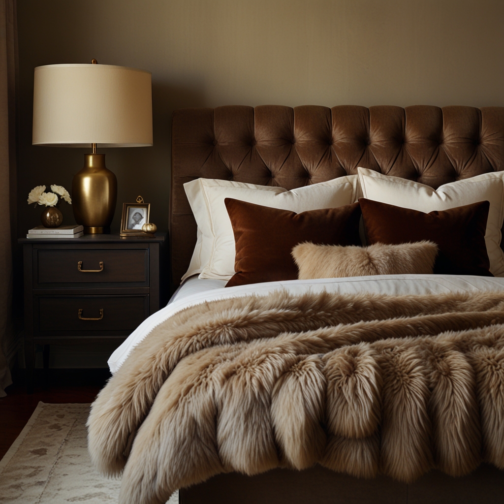 Layer velvet, linen, and faux fur fabrics for a tactile, cozy bedroom experience. Soft lighting enhances the textures, perfect for relaxation.