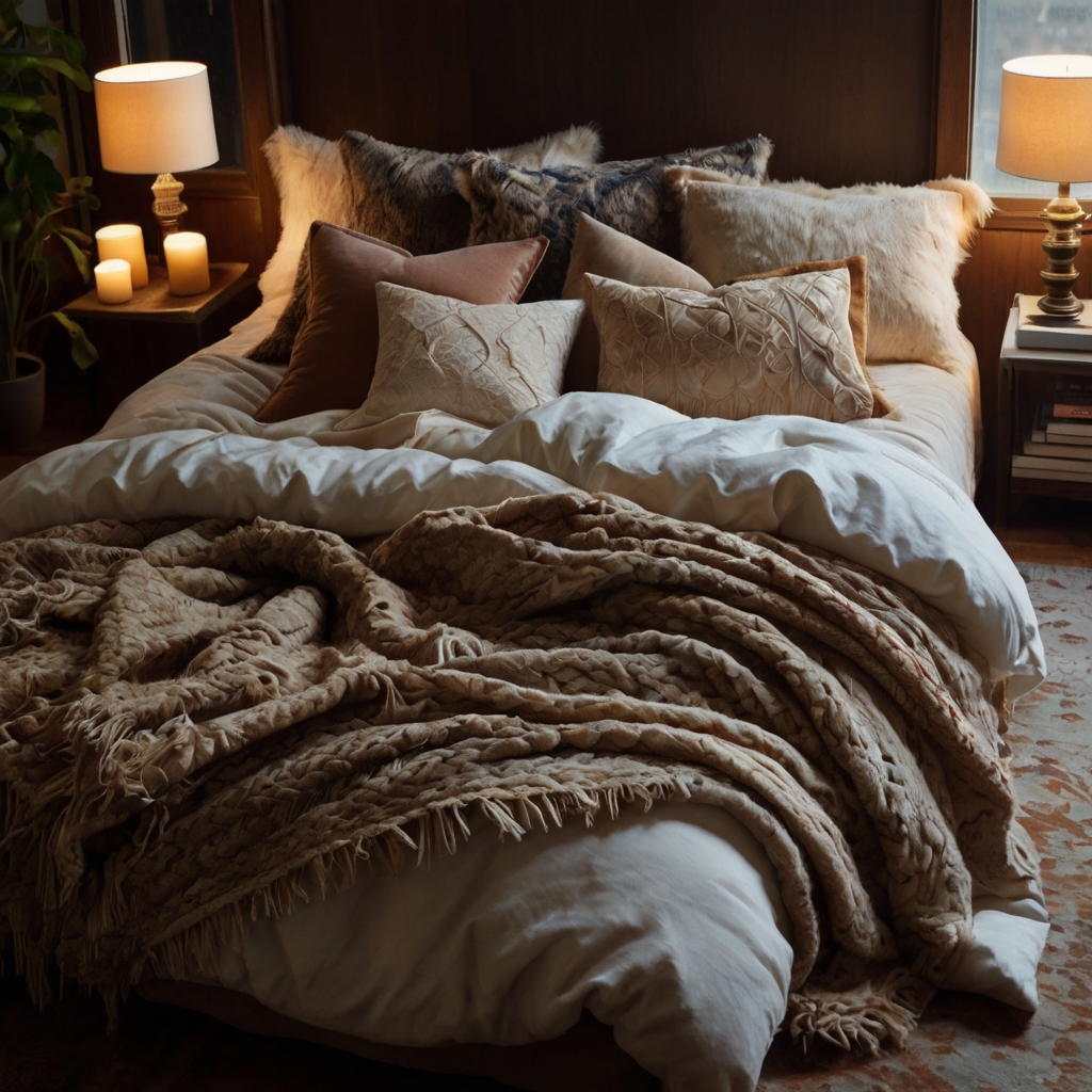 Layer cozy throws and blankets for ultimate comfort and warmth. Soft lighting enhances the inviting texture.