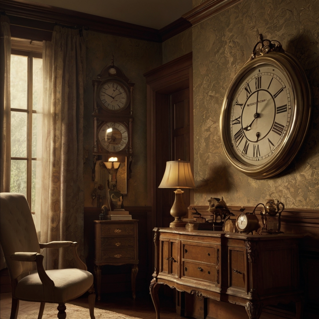 An antique clock on the wall, softly illuminated by diffused light. The room exudes elegance, enhanced by vintage elements and brass details.