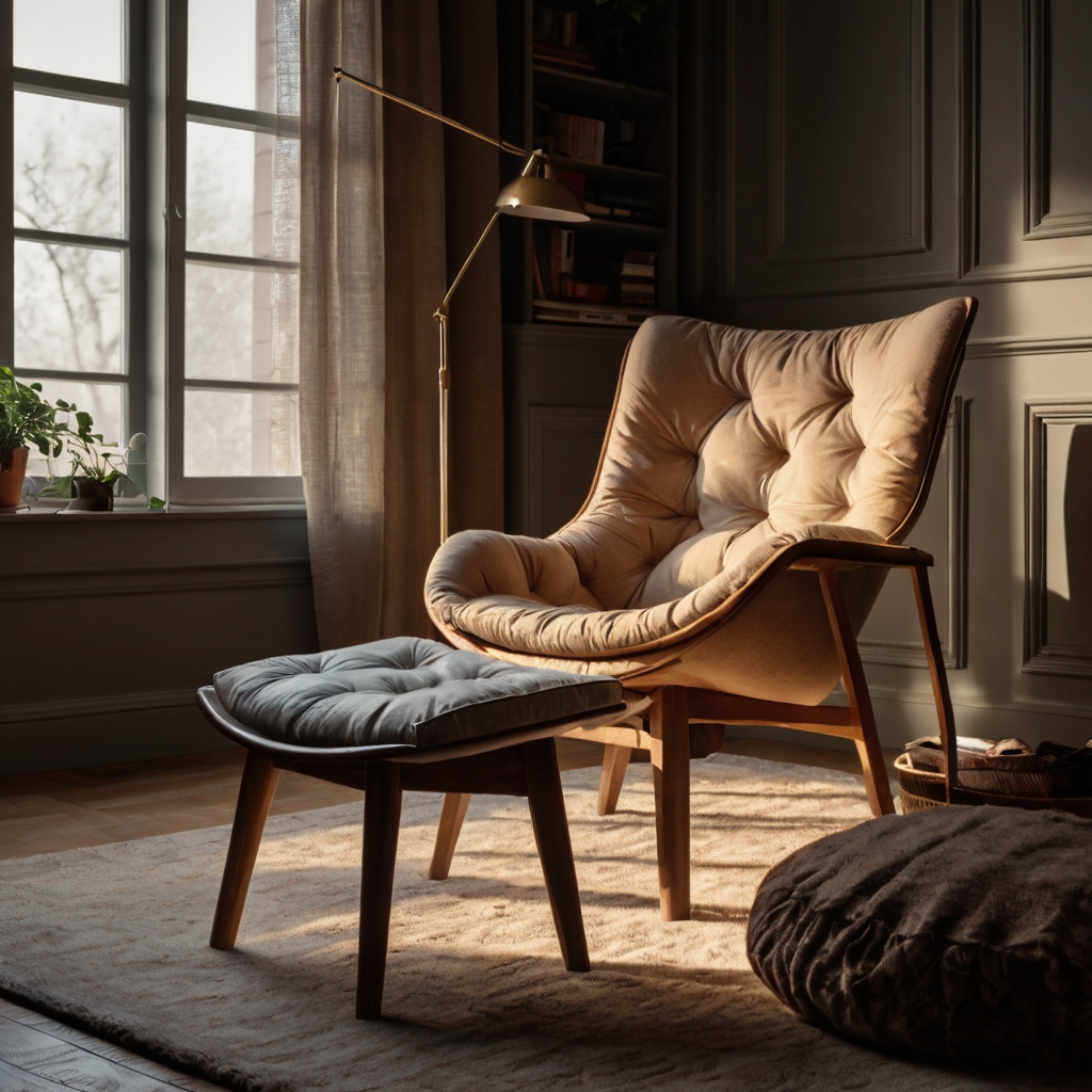 A stylish armchair bathed in soft, glowing light, creating a peaceful reading environment. The lighting angle emphasizes the chair’s comfort and textures.