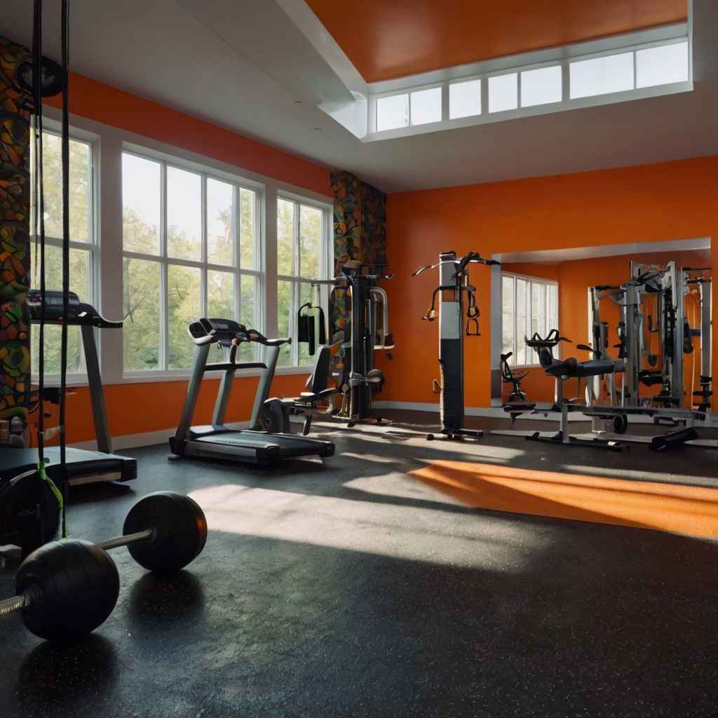 A vibrant gym with neon green and orange colors, dynamic lighting, and bold patterns. The space exudes energy and creativity.