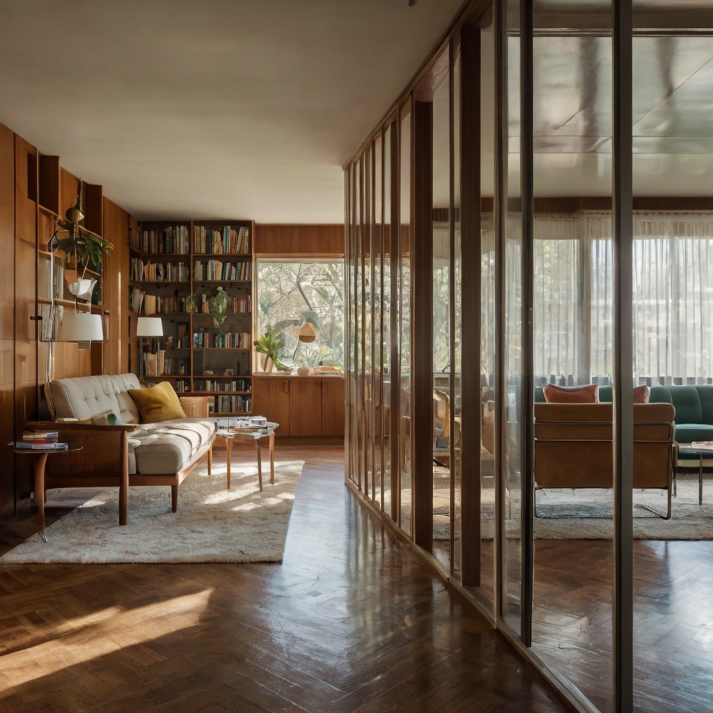 Mid-century modern apartment with glass partitions, keeping spaces connected and light-filled.