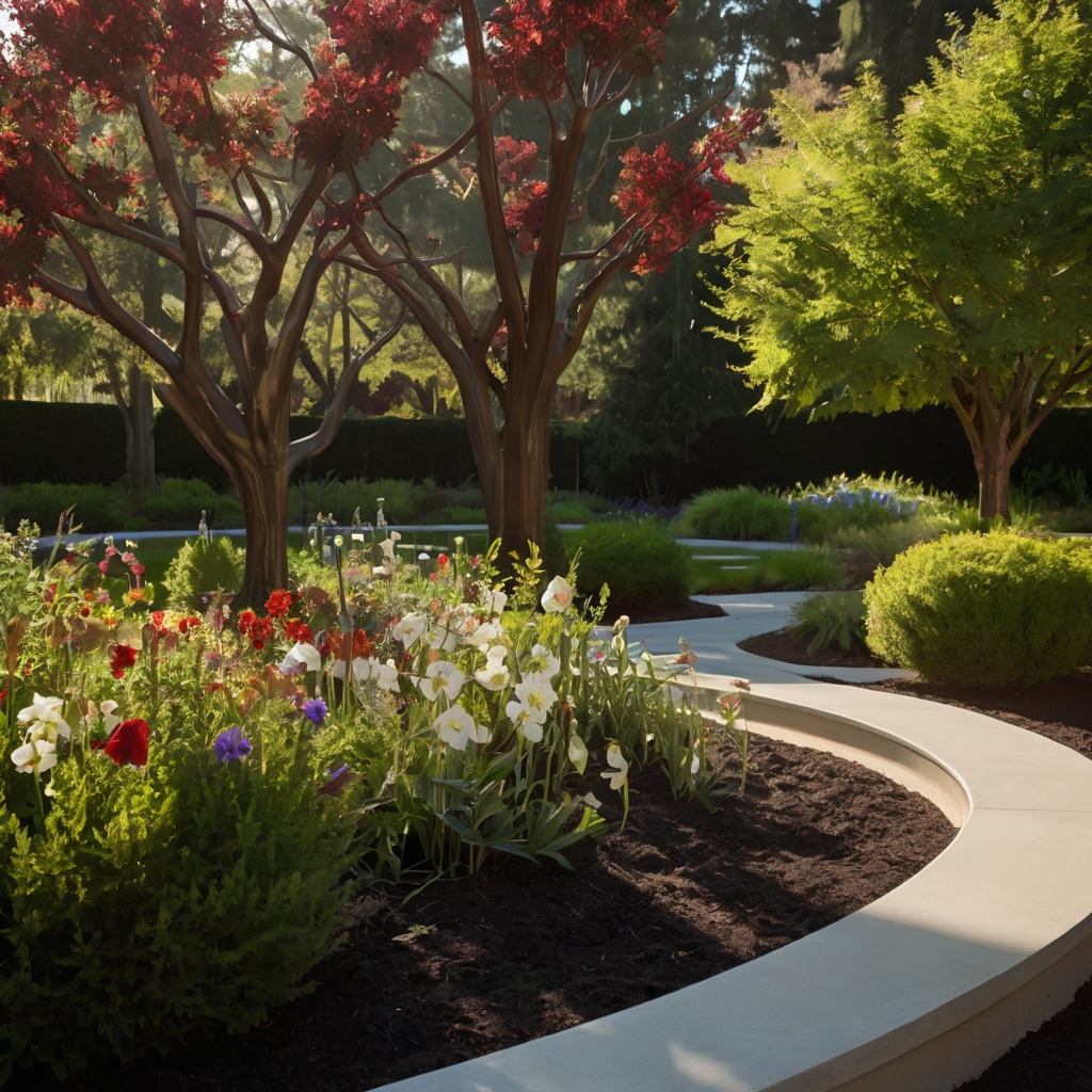 A garden of flowers and shrubs, bathed in soft light, honors the departed. The serene surroundings invite quiet reflection.