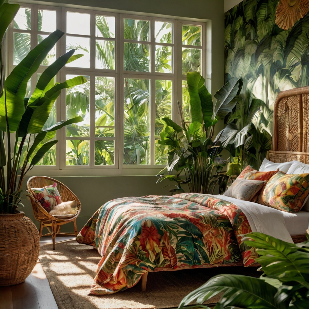 Vibrant greenery and tropical prints bring nature indoors. Transform your bedroom into a lush tropical haven!