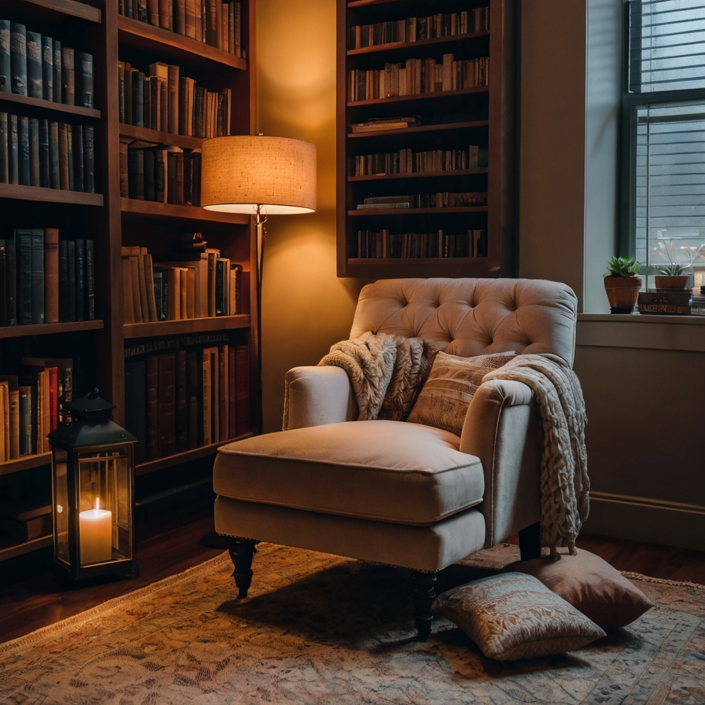 A cozy reading corner with a comfortable chair, soft lighting, and books stacked nearby, offering an intimate, inviting space for reading.