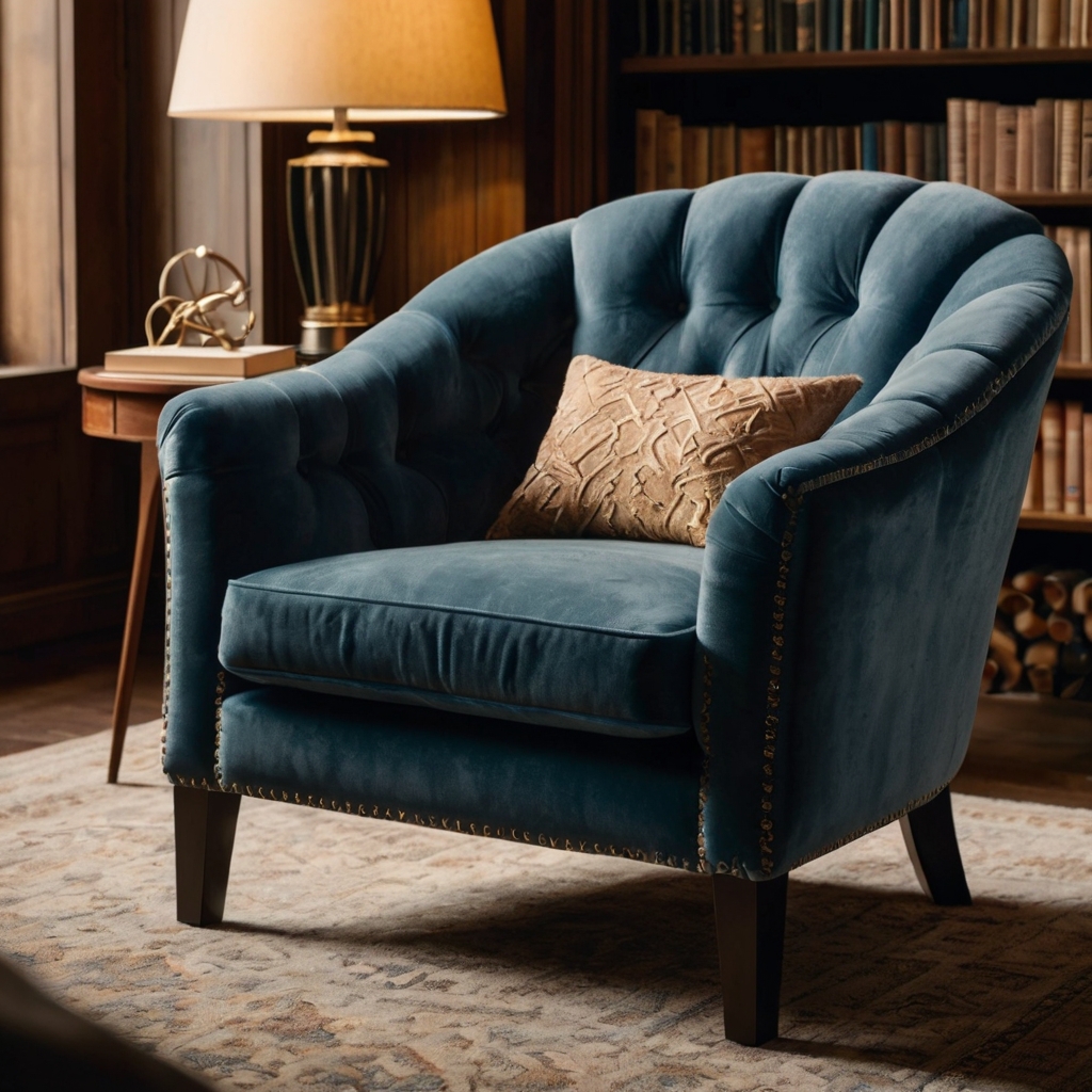 A close-up of a plush, ergonomic chair surrounded by soft, diffused light, emphasizing the rich fabric and luxurious feel. The stylish reading room enhances the chair’s inviting design.