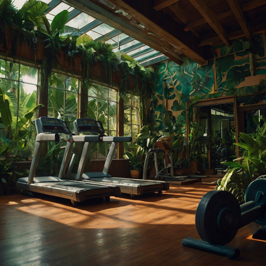 A gym with a jungle or retro theme, featuring tropical plants or vintage posters. Vibrant lighting matches the theme, enhancing the immersive experience.