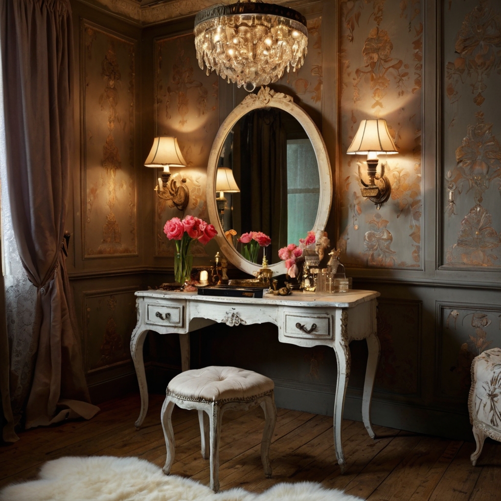 Incorporate unique vintage pieces like an antique makeup mirror or chandelier. Soft lighting enhances the personality and charm of the space.