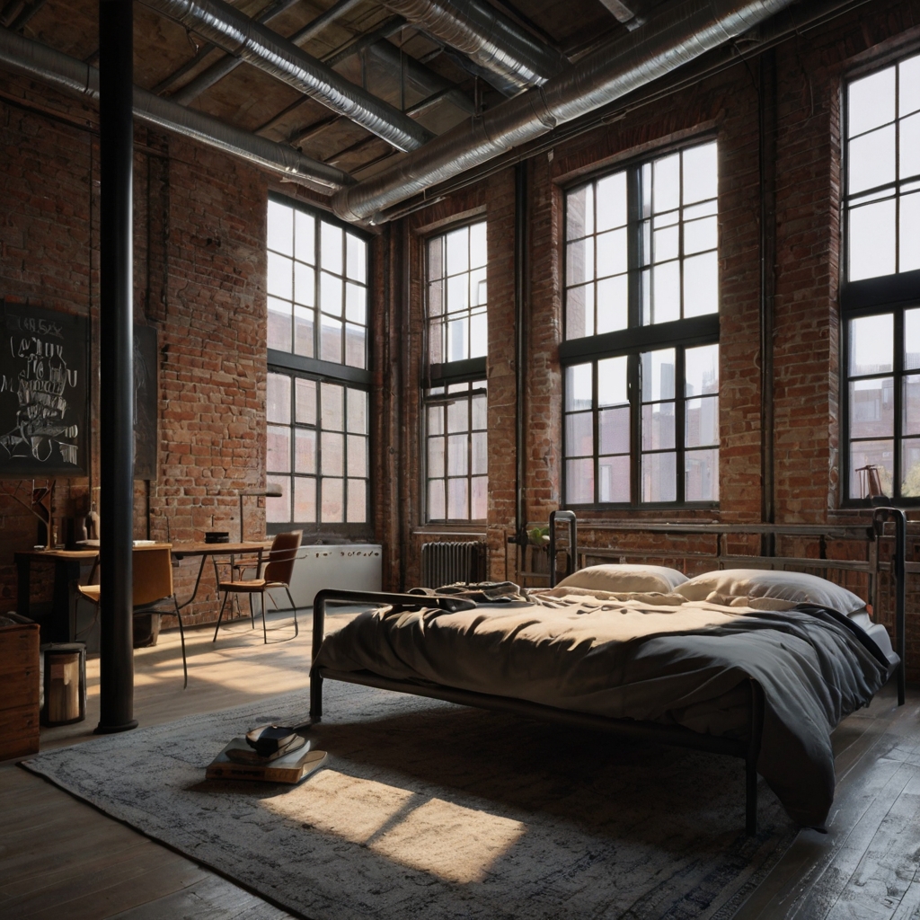 Exposed brick, metal accents, and high ceilings create a modern loft vibe. Create an edgy, urban space in your bedroom!