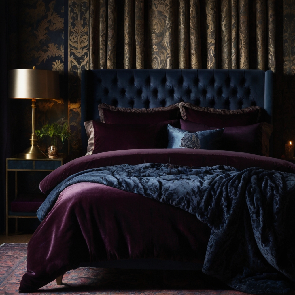 Indulge in a moody velvet bedroom with rich jewel-toned cushions and drapes. Soft lighting adds a calming and luxurious ambiance.