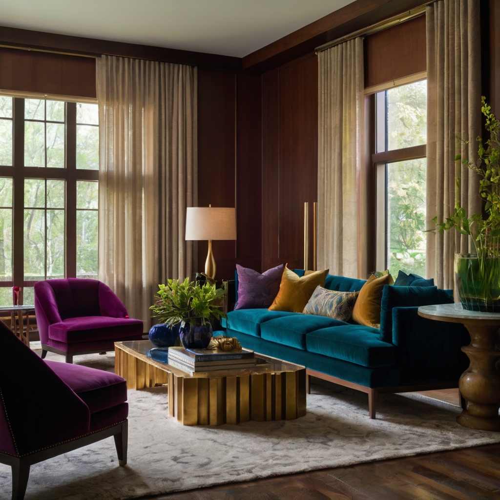 Mid-century modern living room with velvet-upholstered chairs or sofas in jewel-toned colors.