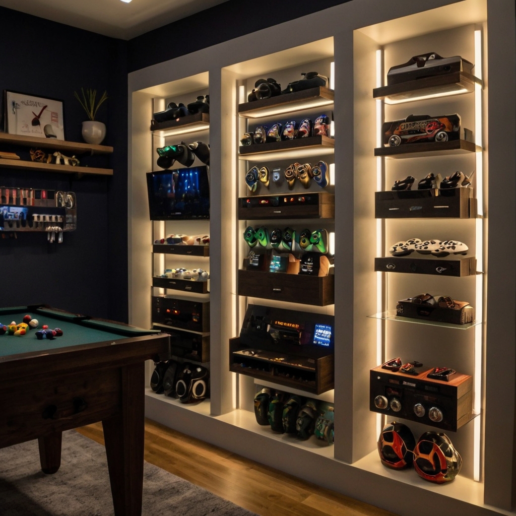 Elevate small rooms with vertical storage and soft lighting, showcasing games in an organized, stylish way.