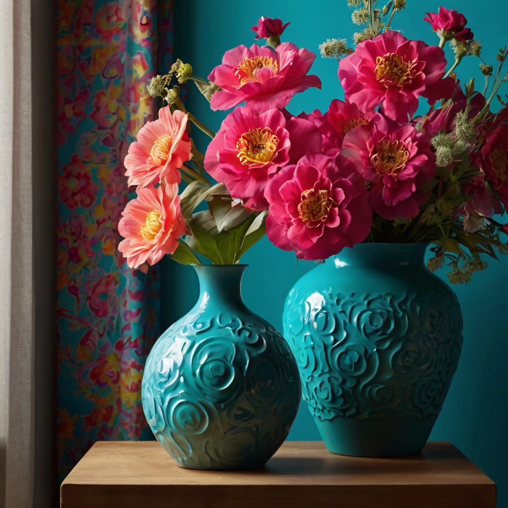 Contemporary floral vase in hot pink and turquoise, side lighting highlighting bold patterns with flowing shadows.