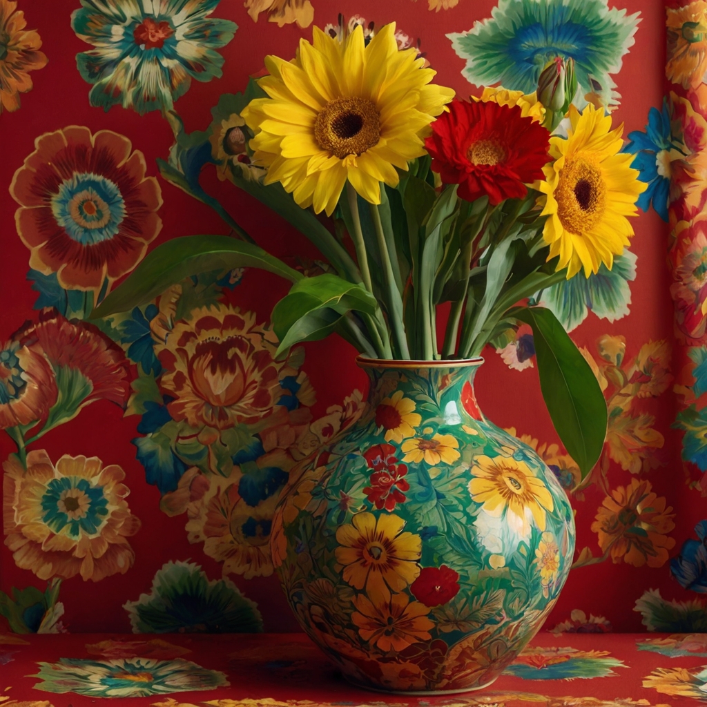 Eclectic floral-patterned vase in bright colors, dynamic lighting casting bold shadows to amplify vibrant energy.