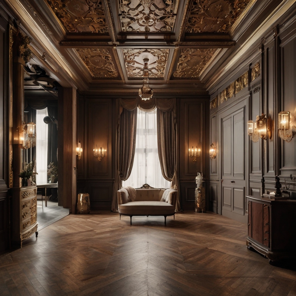 Design a Victorian-style dressing room with intricate moldings and high ceilings. The space should feel luxurious and regal, with intricate craftsmanship.