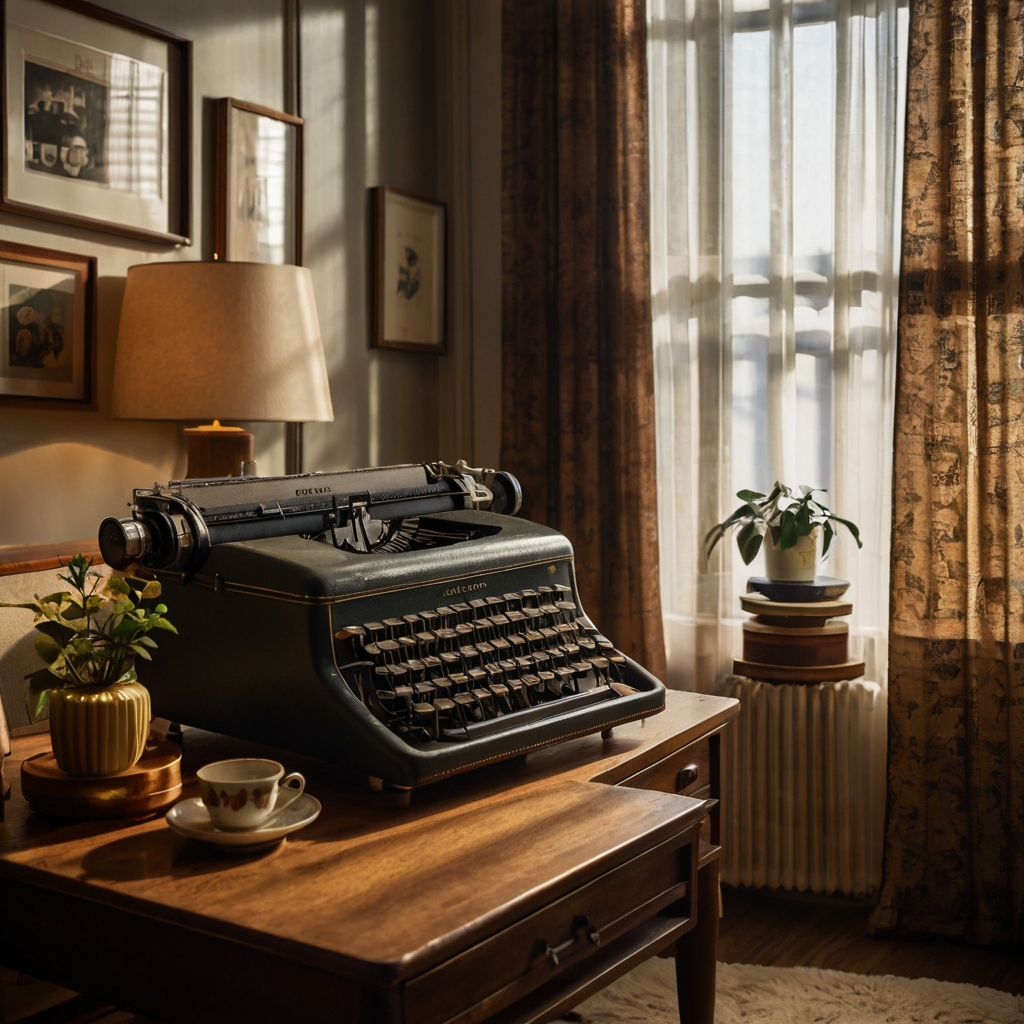 Mid-century modern apartment with vintage items like a typewriter and old radio, enhancing nostalgia.