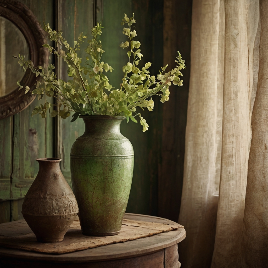 Antique crackle-finish vases evoke vintage charm with warm, nostalgic hues. Cozy lighting highlights their beautifully aged texture.