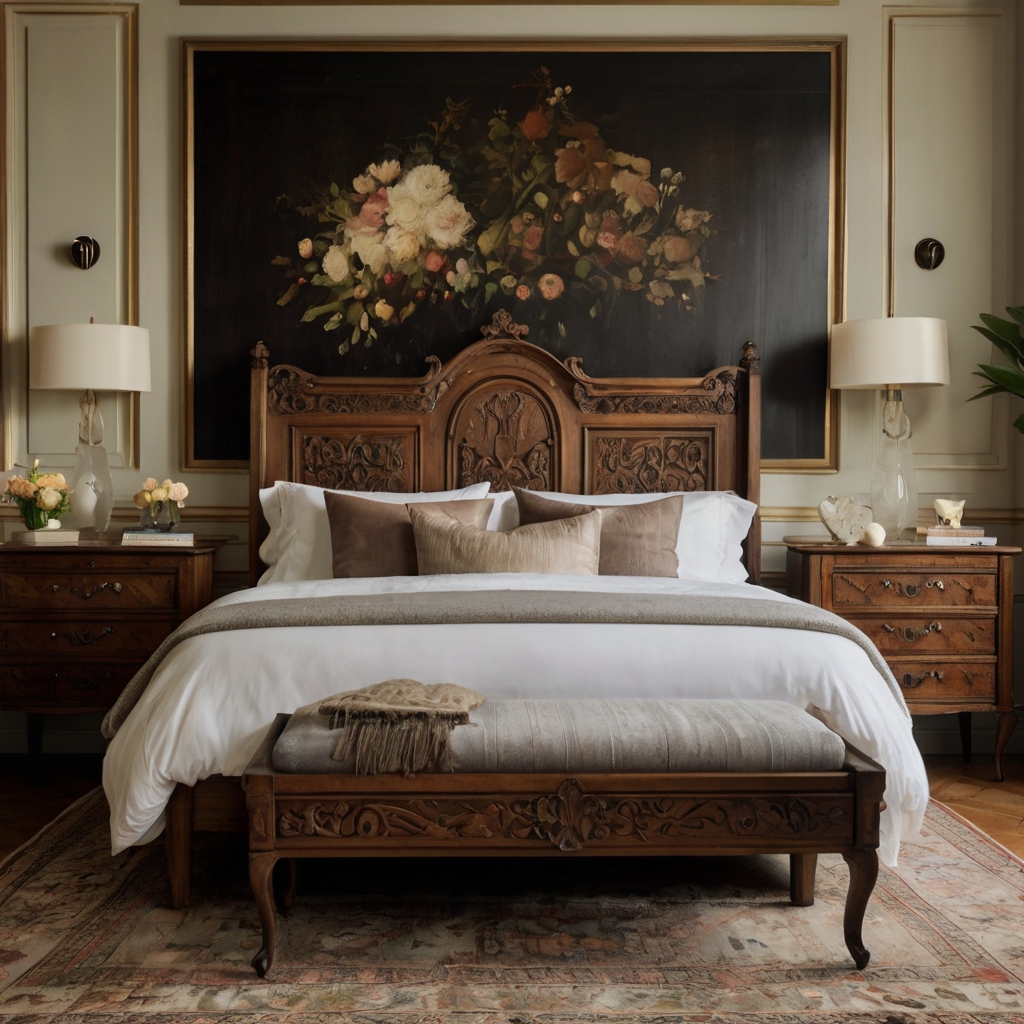 Bedroom combining vintage and modern styles with an antique bed and glass table. Soft lighting highlights the harmonious blend.