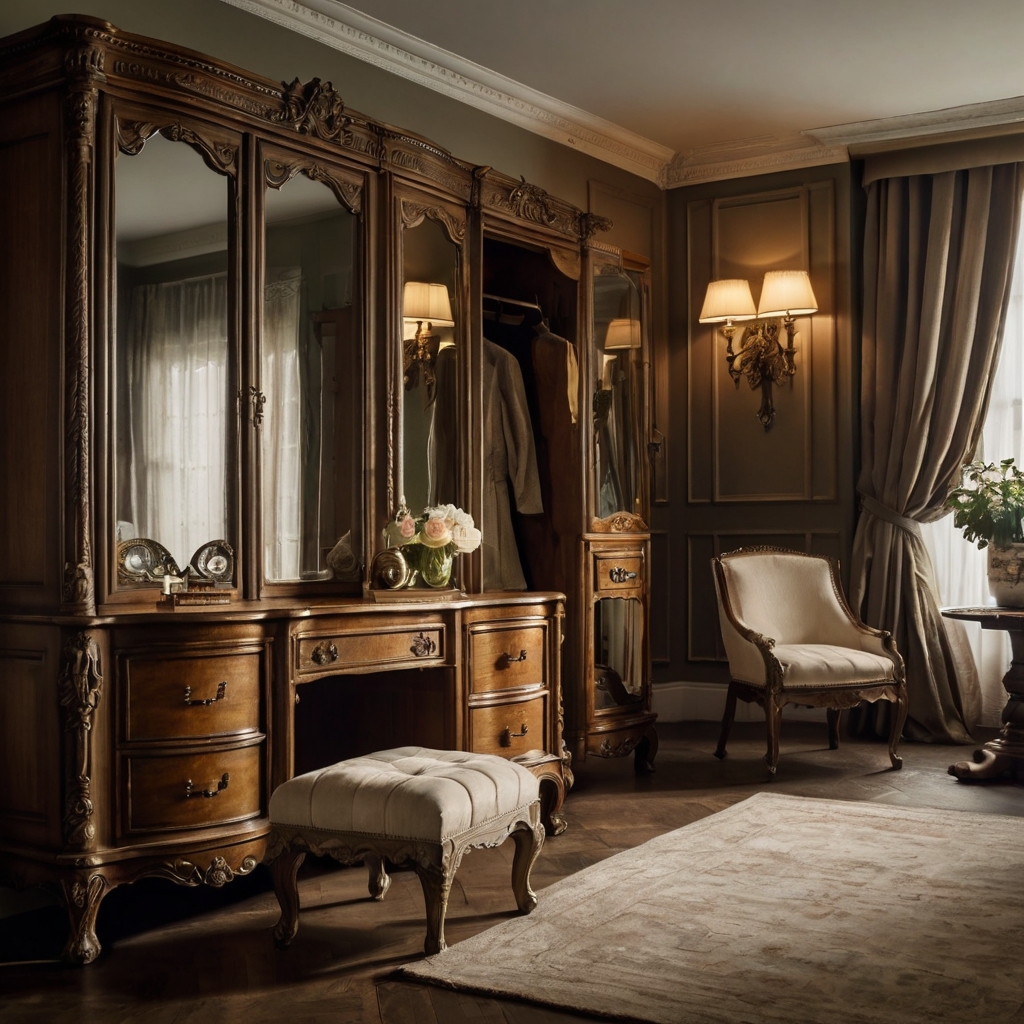 Showcase antique furniture with elegant carvings and brass finishes. Soft, natural lighting brings out the details and timeless beauty of the room.