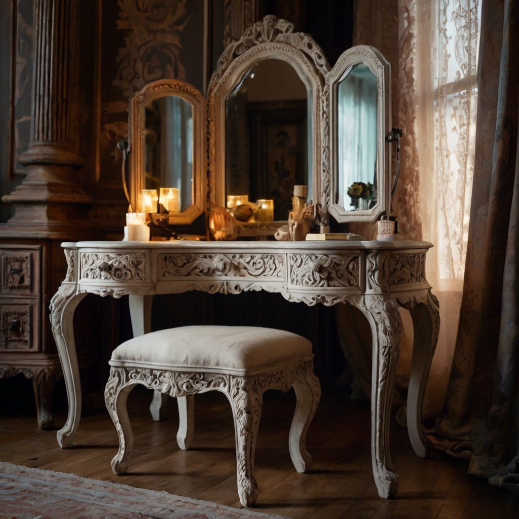 Feature a vintage dressing table with intricate carvings and a matching stool. Soft lighting highlights its timeless beauty.