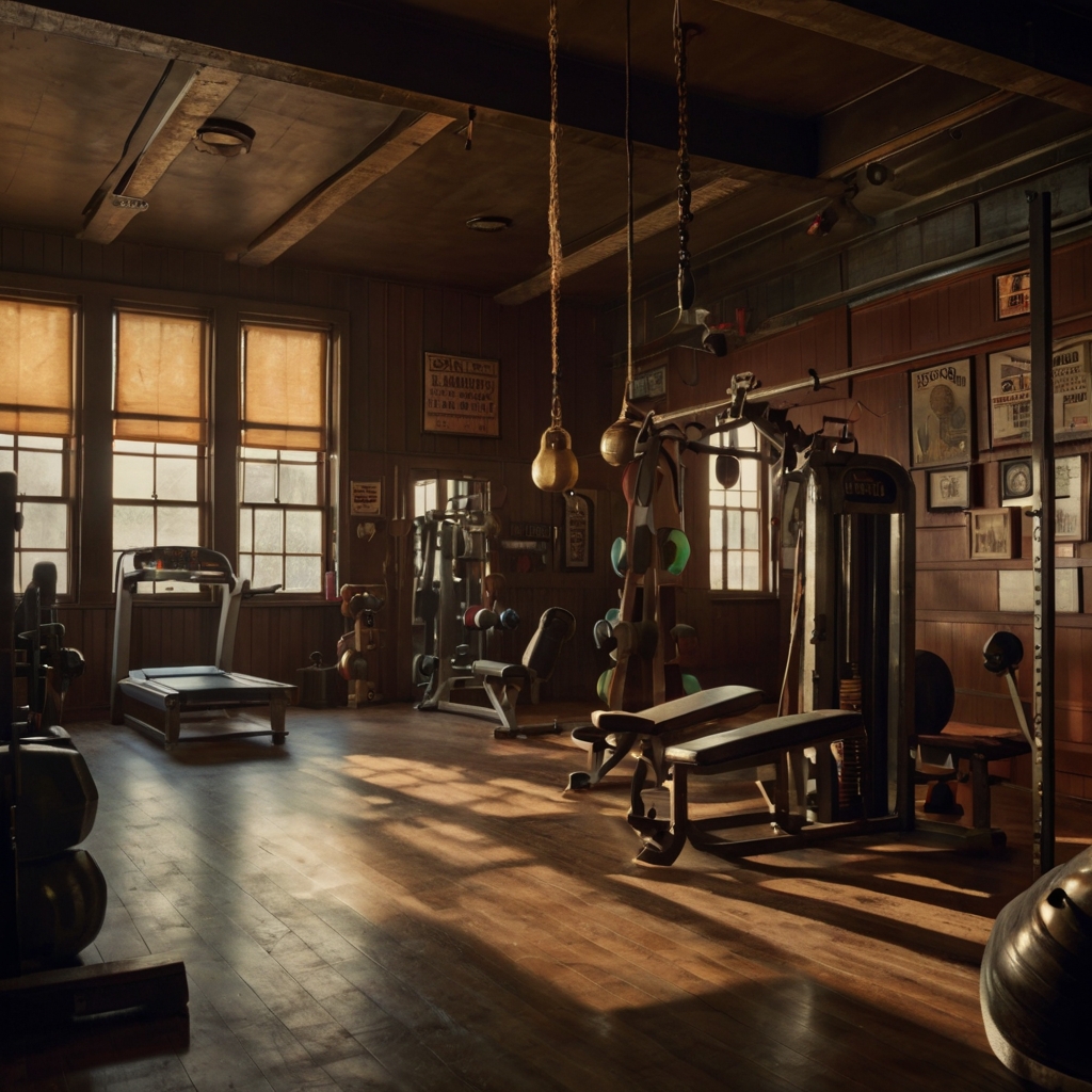 A gym with retro posters and old-school equipment, blending vintage elements with modern gear. Warm lighting adds a nostalgic feel to the gym.