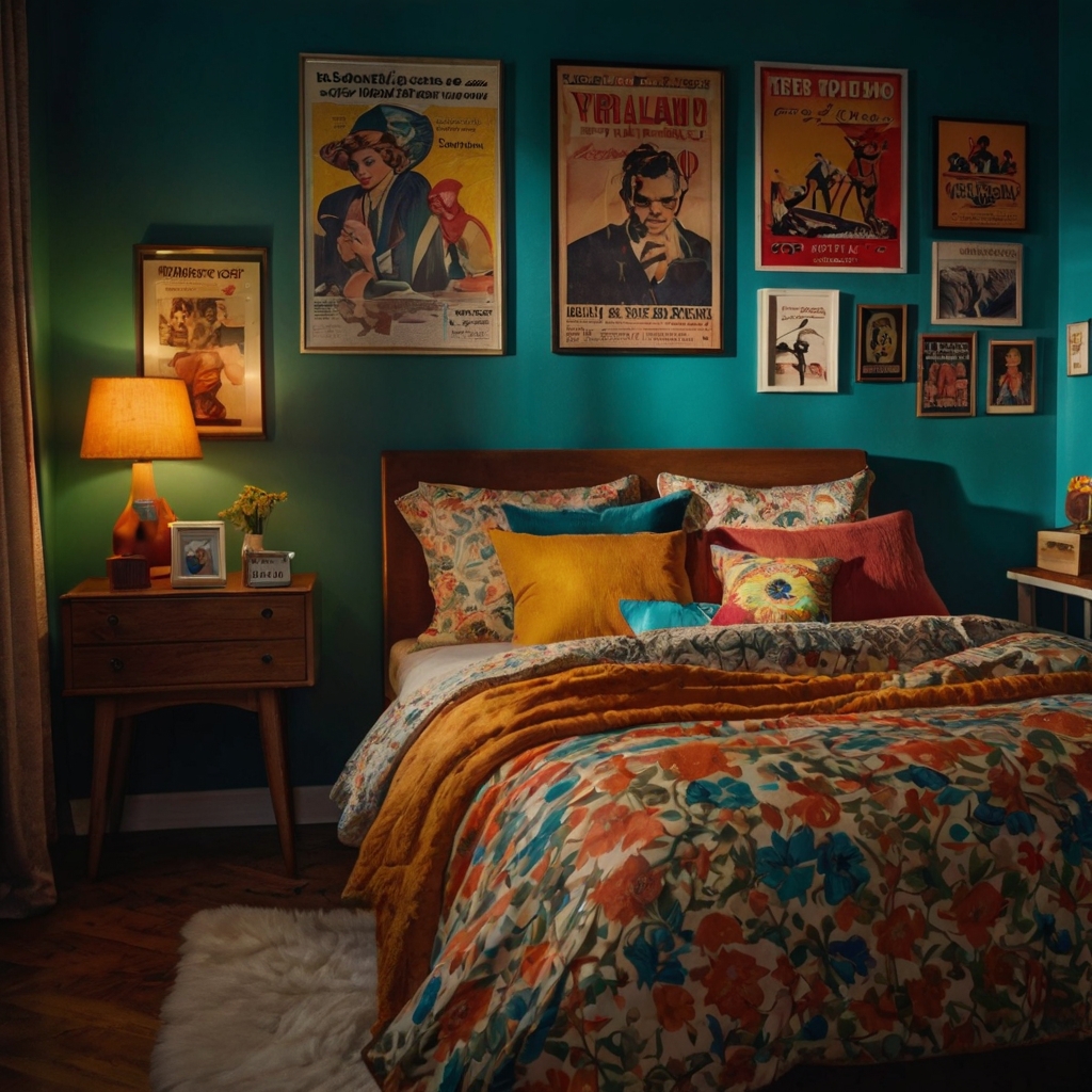 Vibrant vintage posters on the wall, highlighted by soft, focused lighting. The bold designs add a pop of color to the room's retro theme.