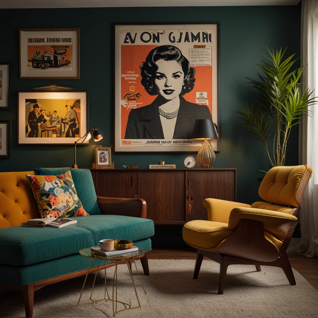 Mid-century modern room with vintage posters on walls, soft ambient lighting, and retro-inspired furniture.