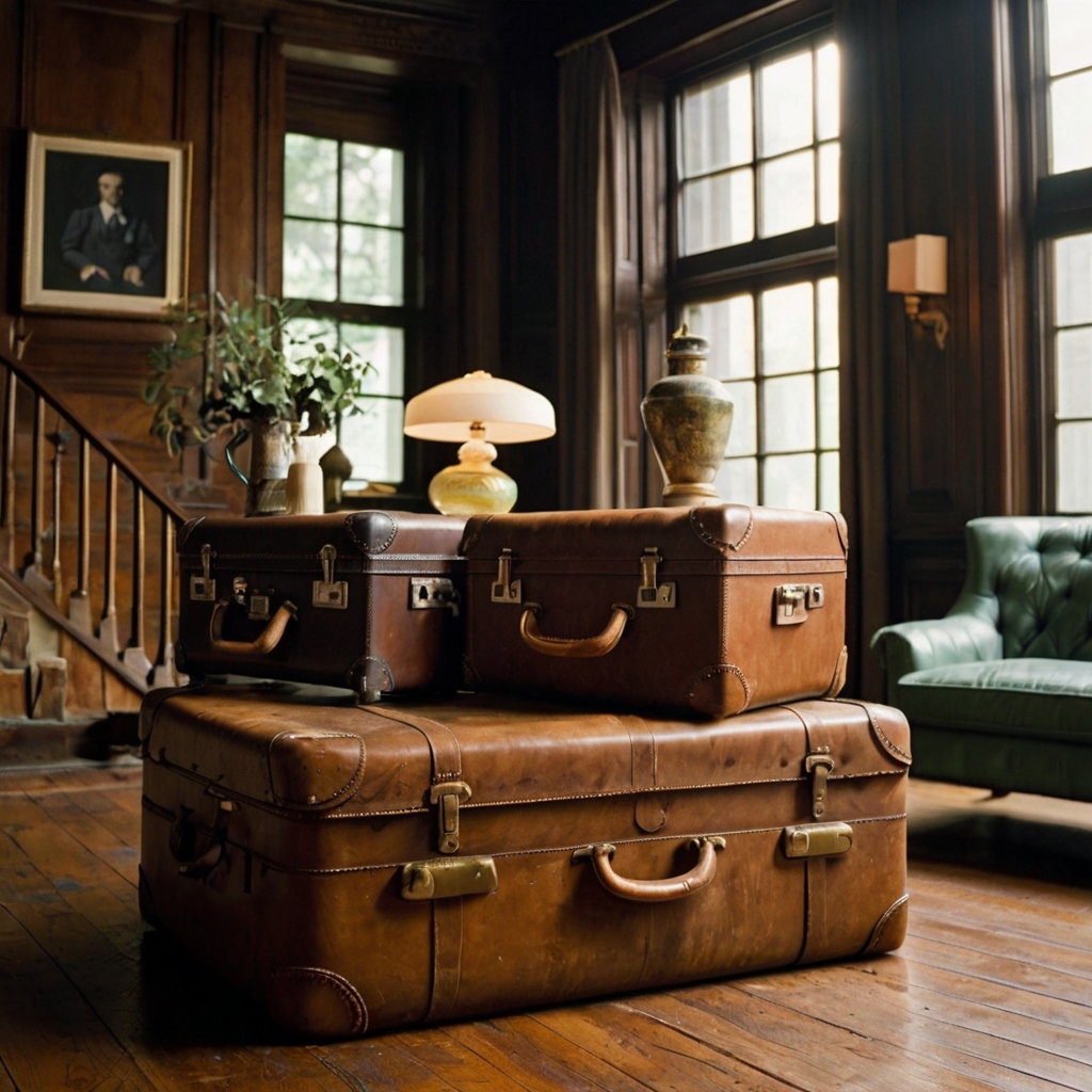 Stacked vintage suitcases create a unique table, combining storage and style. Soft lighting highlights their weathered leather and brass details.