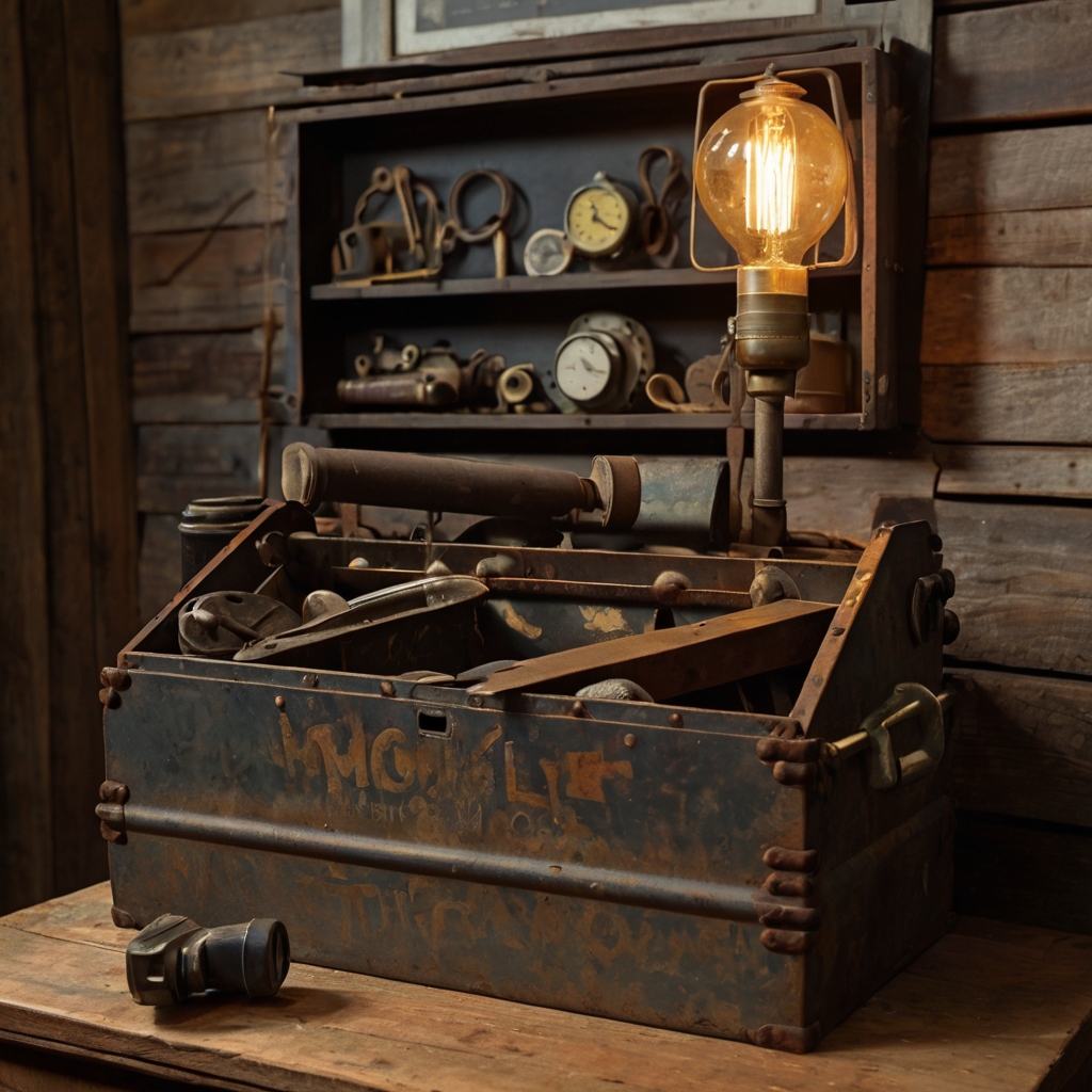 A weathered toolbox serves as both storage and decor in a vintage room. Soft lighting highlights its rustic charm and antique details.